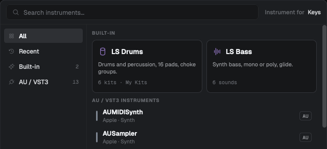 The Add popover for a MIDI track: BUILT-IN tiles for LS Drums and LS Bass above the AU / VST3 INSTRUMENTS list
