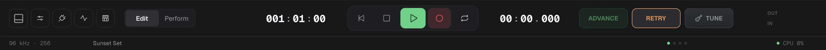 The bottom bar while recording: drawer buttons, Edit and Perform, the transport, ADVANCE, RETRY and TUNE