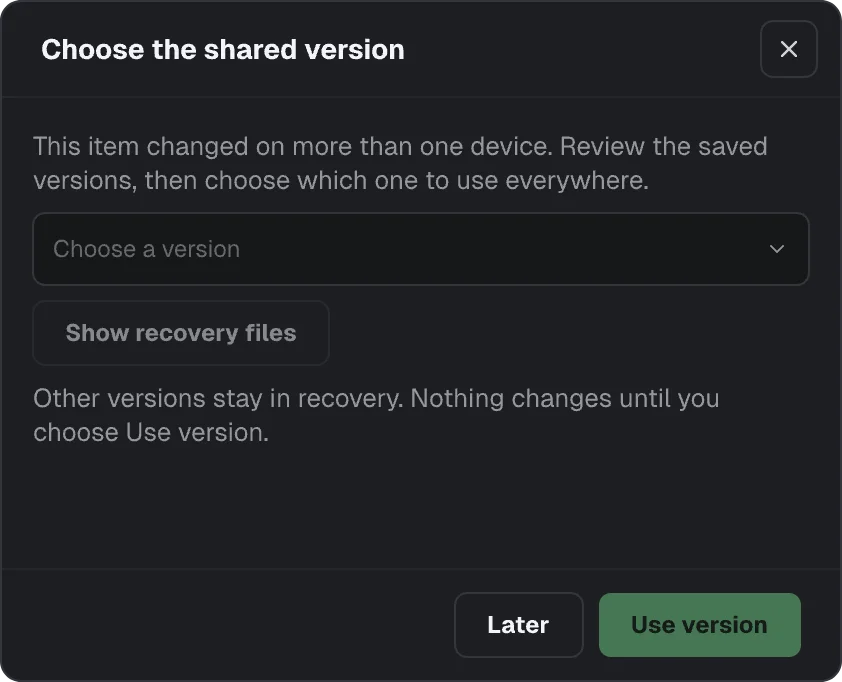 The Choose the shared version dialog
