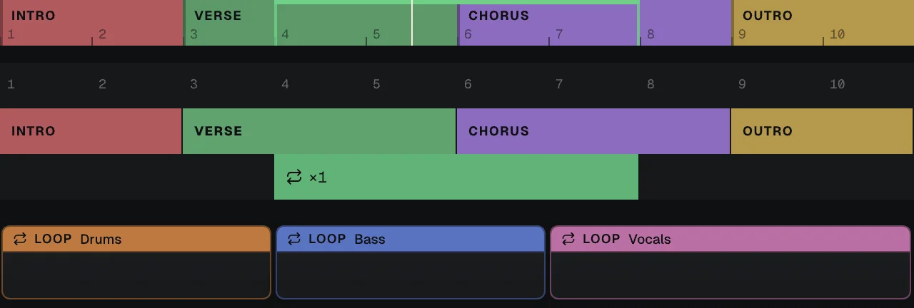 The header with the edit rows open: the play row, the Sections row and the Loop regions row