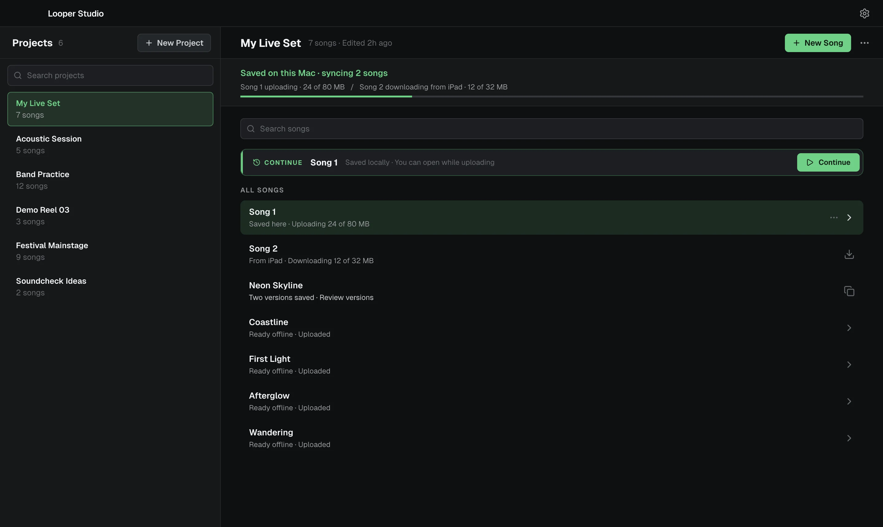 Home, with a project selected and its songs listed