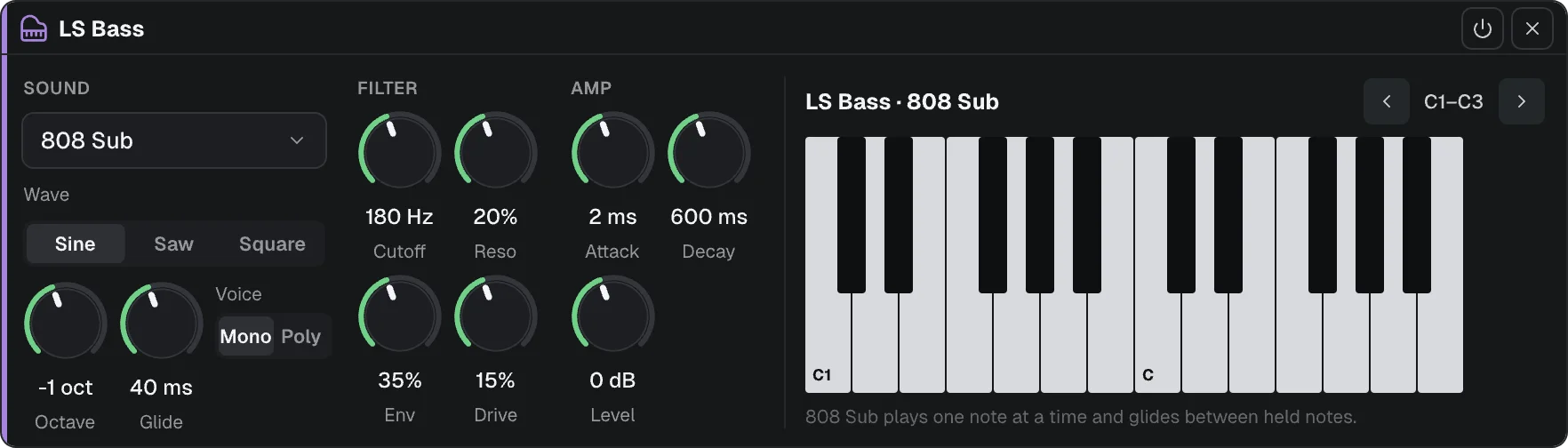 LS Bass: sound, filter and amp controls above the keyboard