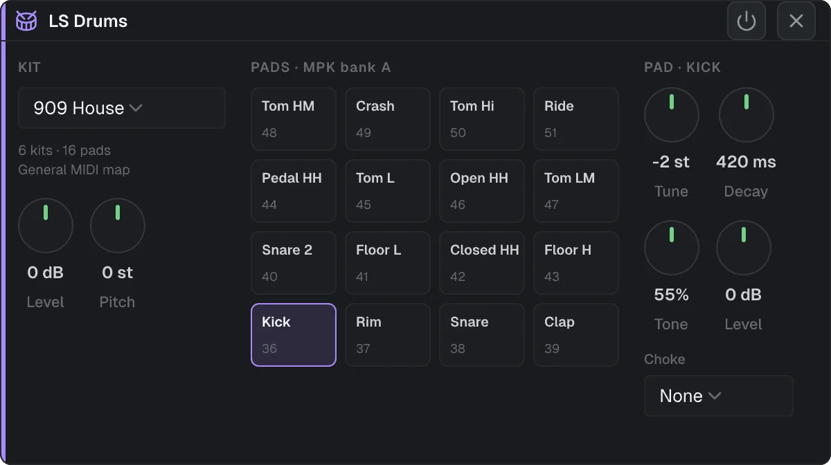 LS Drums: the kit, the 16 pads and the pad controls