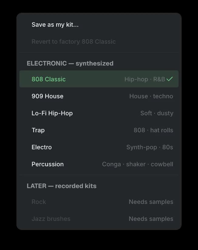 The LS Drums kit menu