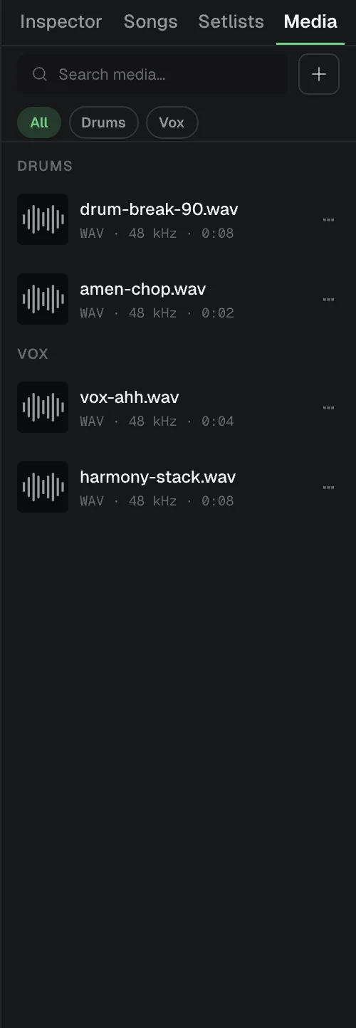 The Media tab in the sidebar, with audio files