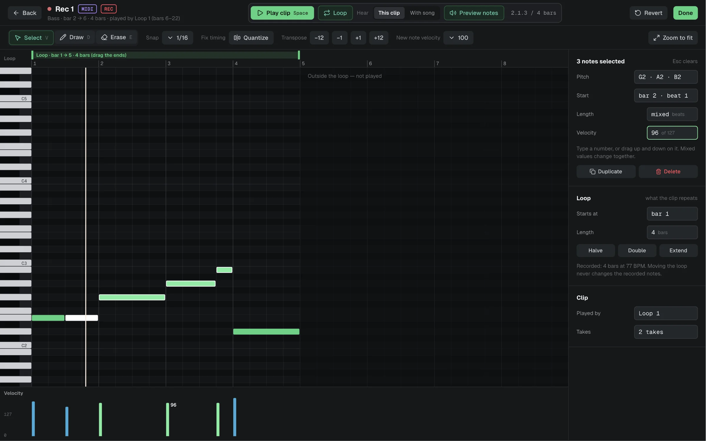 The MIDI clip editor