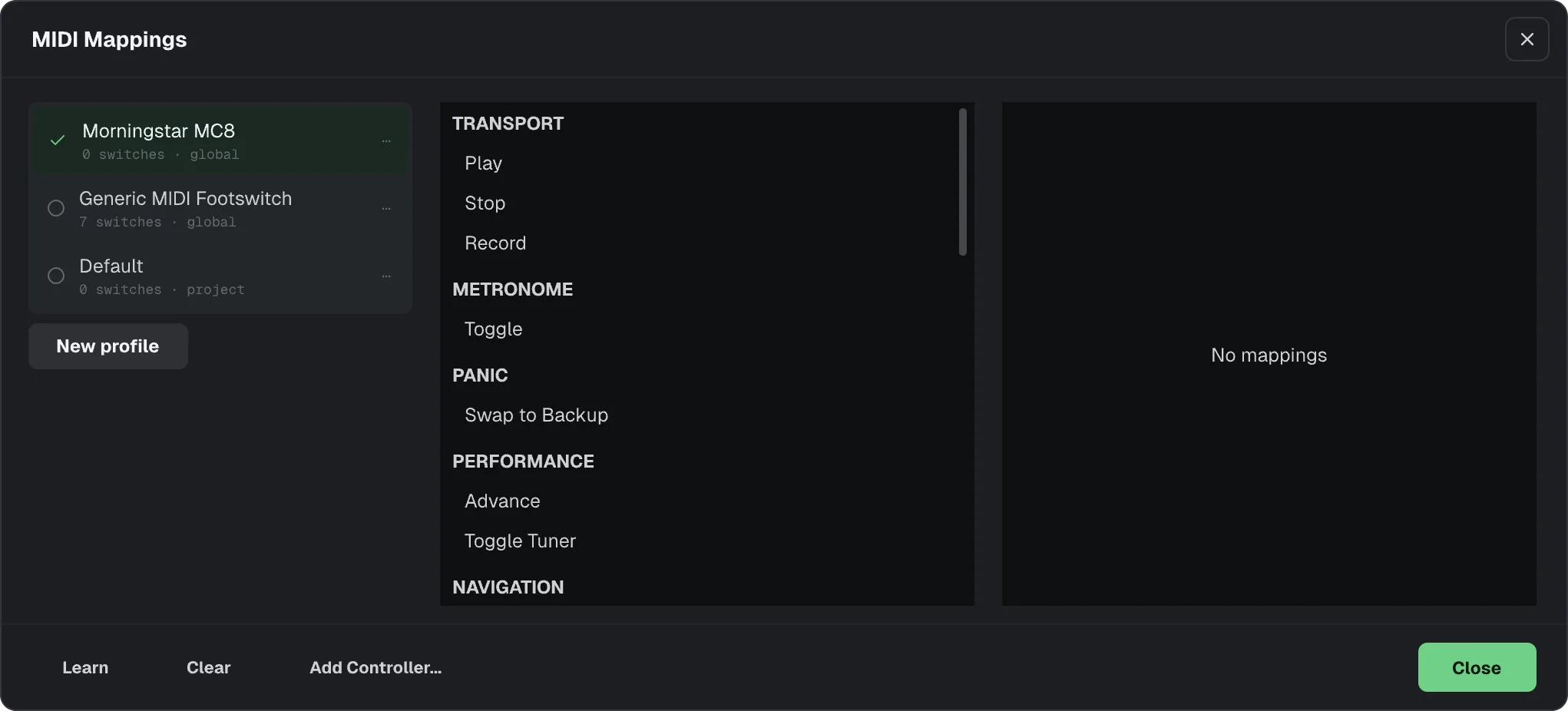 The MIDI Mappings window: profiles, targets and mappings