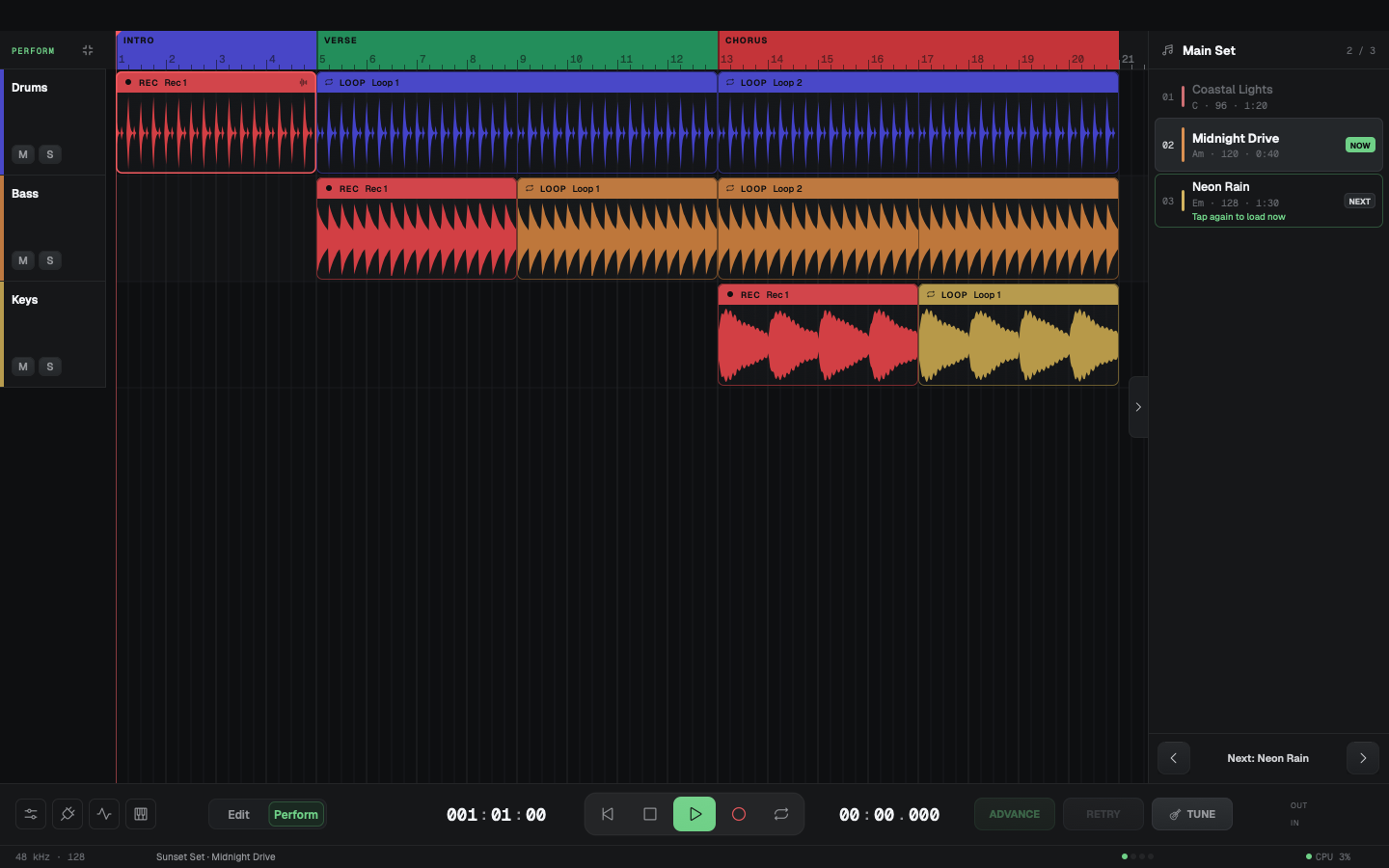 The Arrangement in Perform mode: track headers with only the name, M and S, the row with the bars and sections, and the setlist with a NOW song and a NEXT song