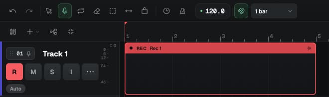The toolbar tool buttons with the Record tool (Draw rec clip) selected, and a 4-bar Rec clip on Track 1