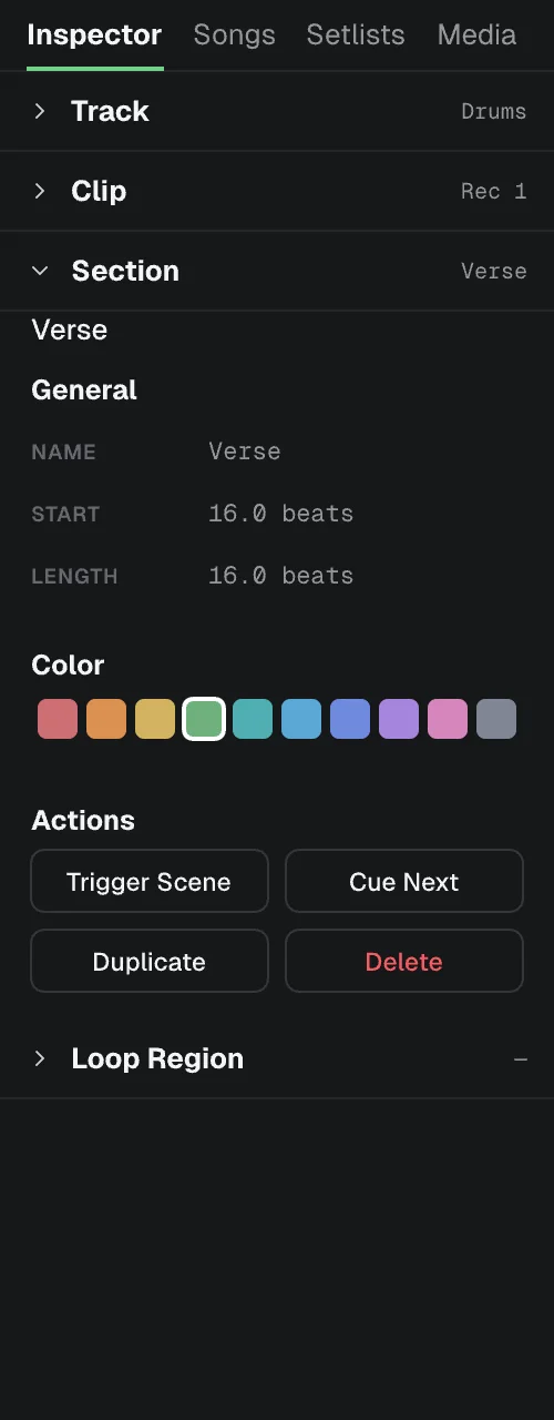 The Section part of the Inspector: name, start, length, color and actions