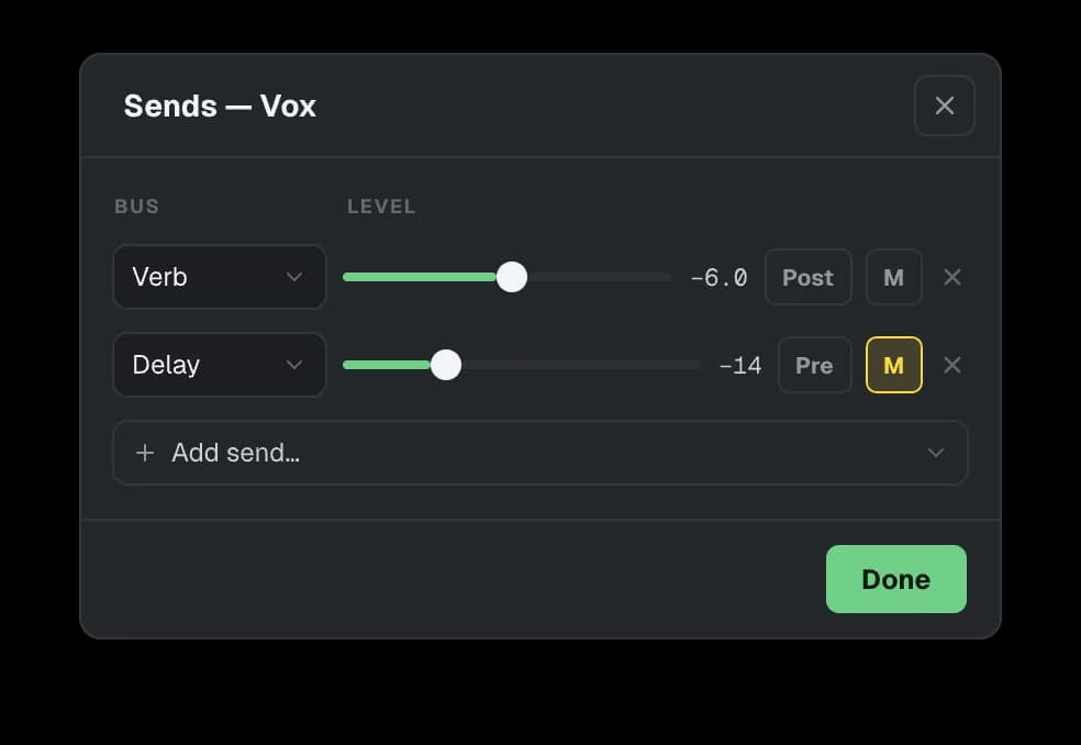The Sends dialog for a track