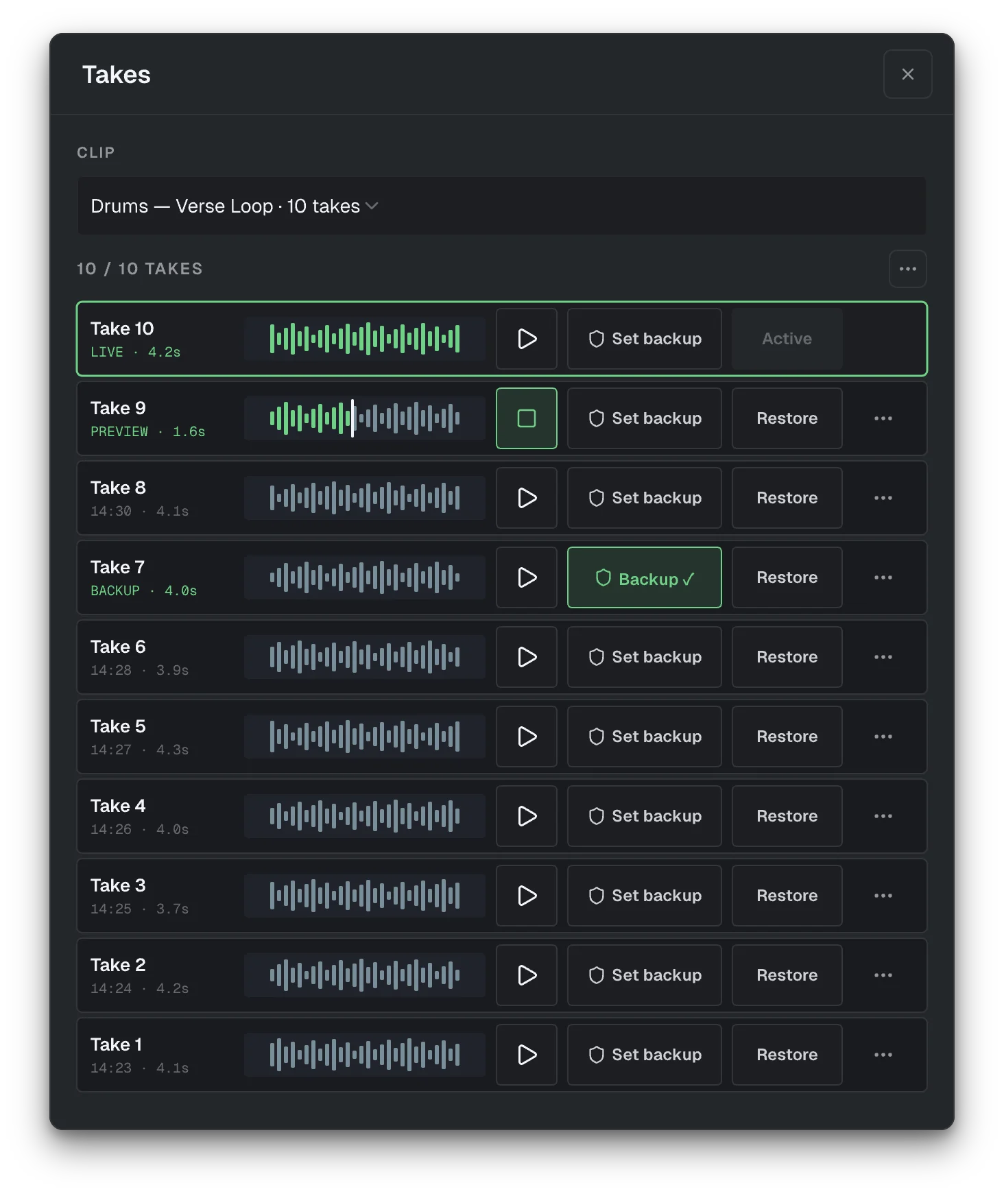 The Takes window, with one take marked as the backup