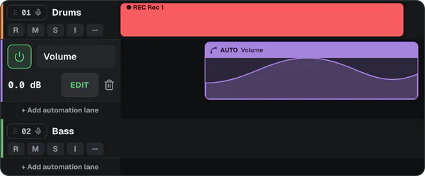 An automation lane under the Drums track with an AUTO Volume clip.