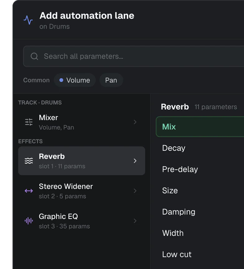 Add automation lane: the Drums track's effects with Reverb selected.