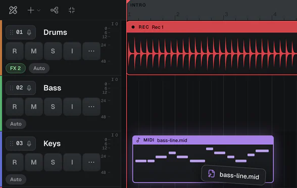 bass-line.mid dropped onto a track as a MIDI clip, under a recorded drum loop.