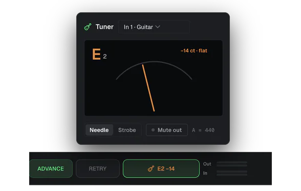 The tuner reading E, 14 cents flat, from Input 1 · Guitar, above the TUNE button in the bottom bar.