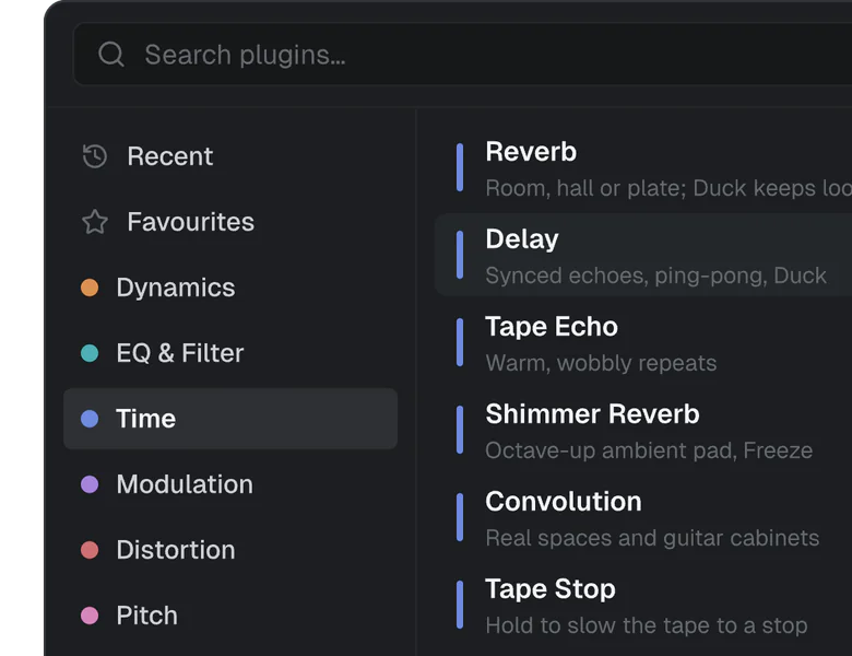 The Add plugin browser: effect types on the left and the Time effects listed.