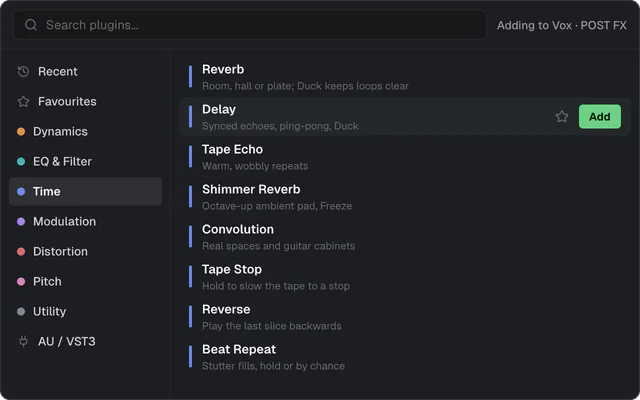 The Add plugin browser: effect types on the left and the Time effects listed.