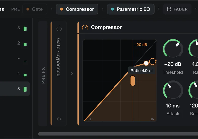 The chain map above the plugin drawer, with the Compressor before the fader.