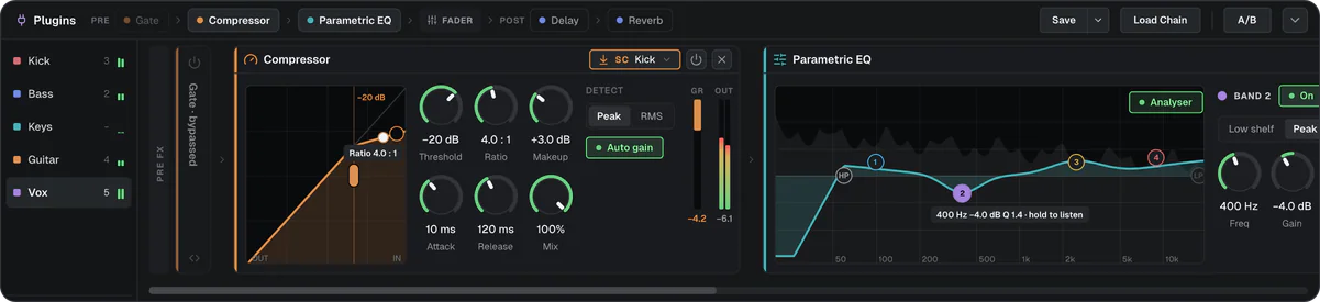 The plugin drawer for the Vox track: its chain map, a Compressor keyed from the Kick and a Parametric EQ.