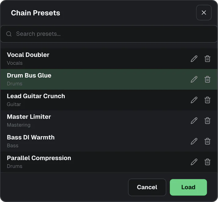 The Chain Presets dialog with saved chains and a Load button.