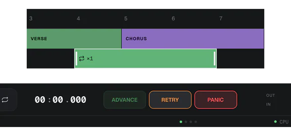 A Loop Region held over the Verse and Chorus, with ADVANCE, RETRY and PANIC in the bottom bar.