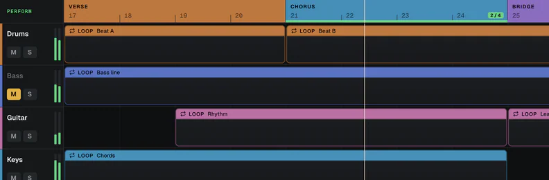 Verse and Chorus sections across the top of the timeline, with LOOP clips on each track.