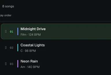 A setlist in play order: Midnight Drive, Coastal Lights and Neon Rain, each with its key and tempo.