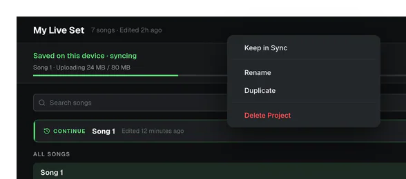 My Live Set saving and syncing on Home, with Keep in Sync in the project's menu.