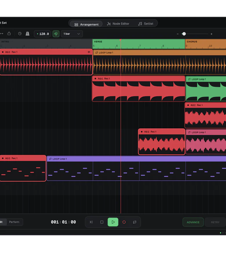 Looper Studio's Arrangement view: five tracks of REC and LOOP clips under Intro, Verse and Chorus sections, with the Friday Night Set setlist in the sidebar.