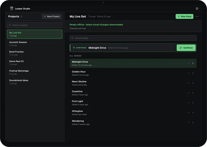 The same project on an iPad: ready offline, with the latest cloud changes downloaded.