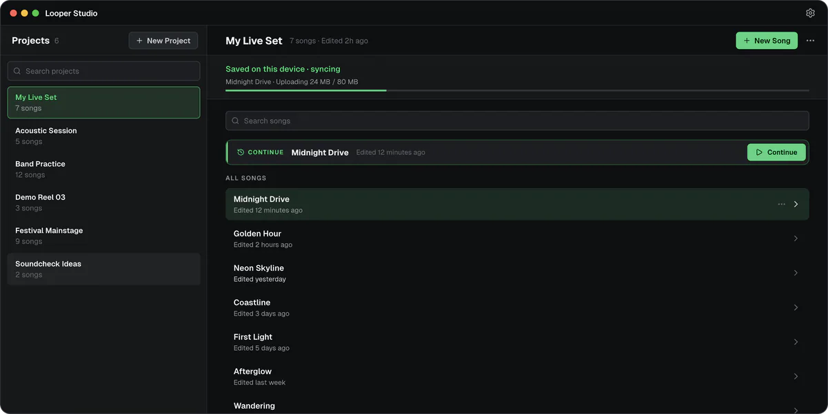 Home on a Mac: the projects list, and My Live Set's songs syncing.