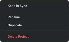 A project's menu open on Keep in Sync.