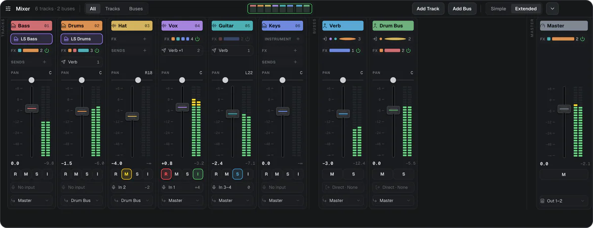 The mixer drawer with every track, bus and the master, each strip with its effects, sends, pan, fader and LED meter.
