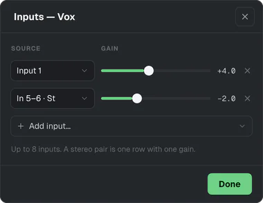The Inputs editor for Vox: Input 1 and a stereo pair In 5–6, each with its own gain.