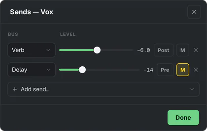 The Sends editor for Vox: a Verb send post-fader and a muted Delay send pre-fader.