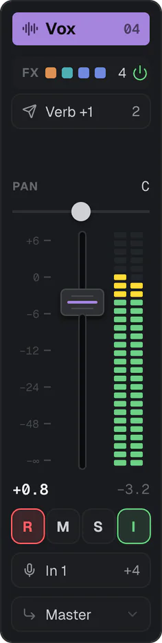 The Vox channel strip with its effects row, fader and route.