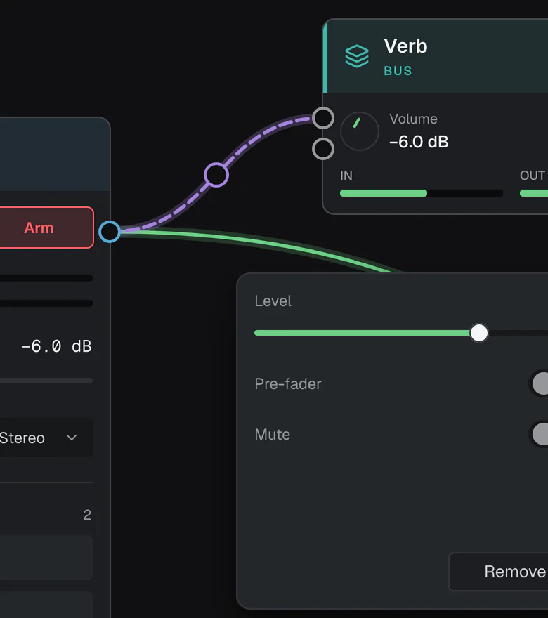 The Node Editor: the Keys card's send wire to the Verb bus, with the send's popover open.
