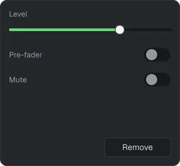 The send's popover: its level, Pre-fader, Mute and Remove.