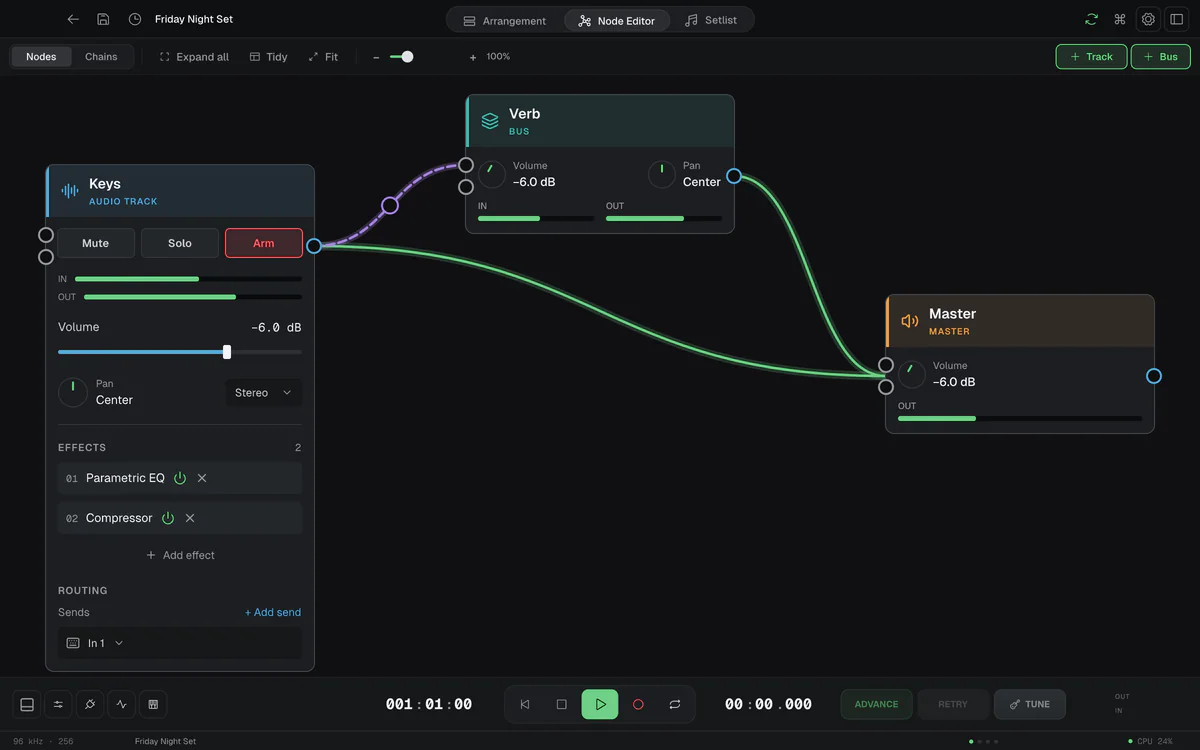 The Node Editor at 100%: the Keys card open with its effects and sends, wired to the Master, with a dashed violet send to the Verb bus.