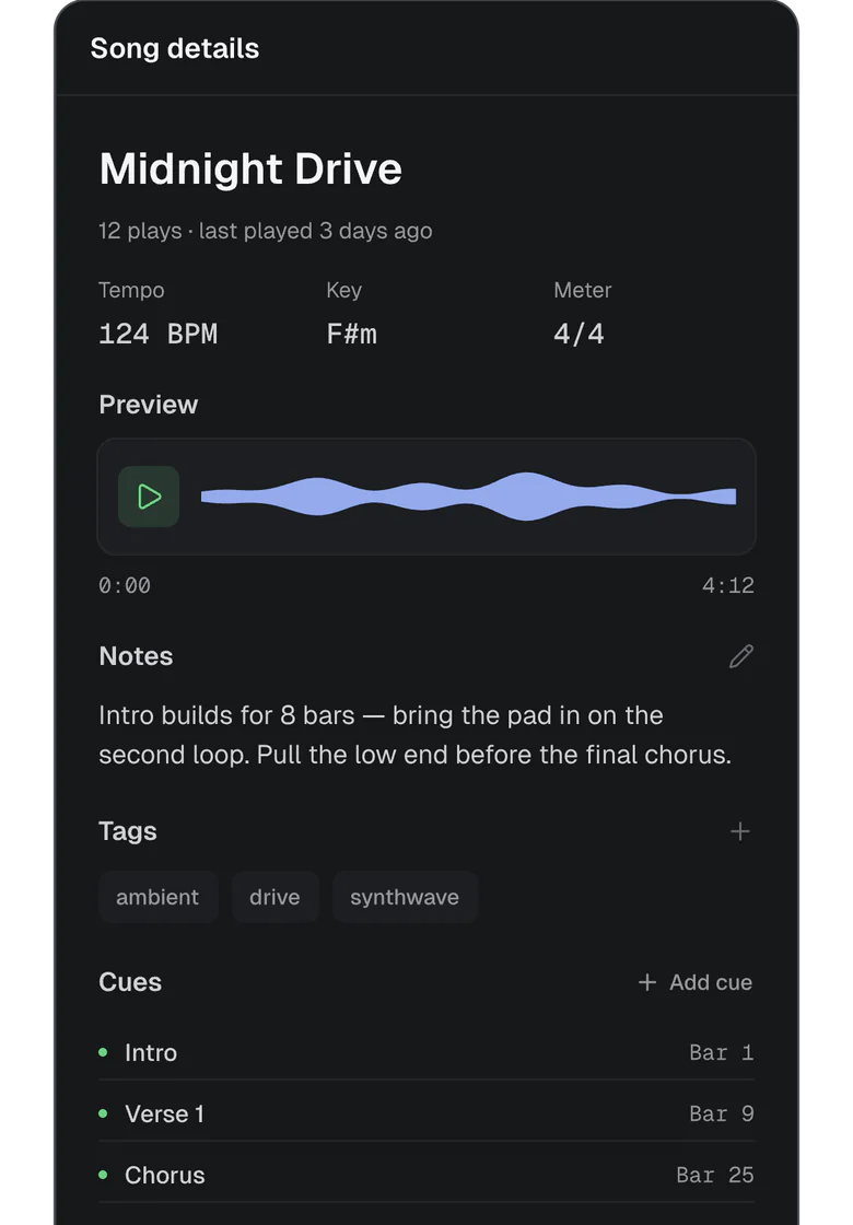 Song details: tempo, key, a preview waveform, notes, tags and cues.