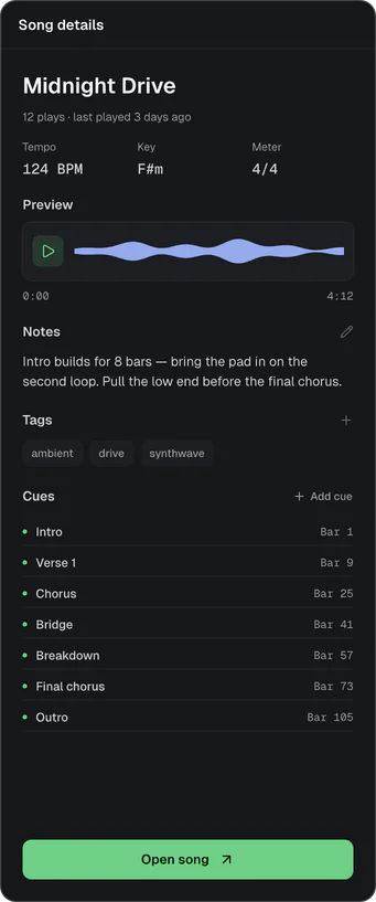 Song details for Midnight Drive: tempo, key, a preview waveform, notes, tags and cues.