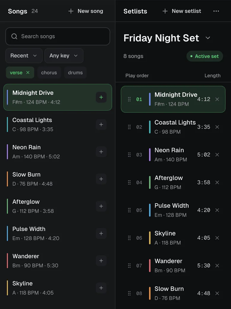 The Setlist view on a narrow screen: the song library beside the Friday Night Set play order.
