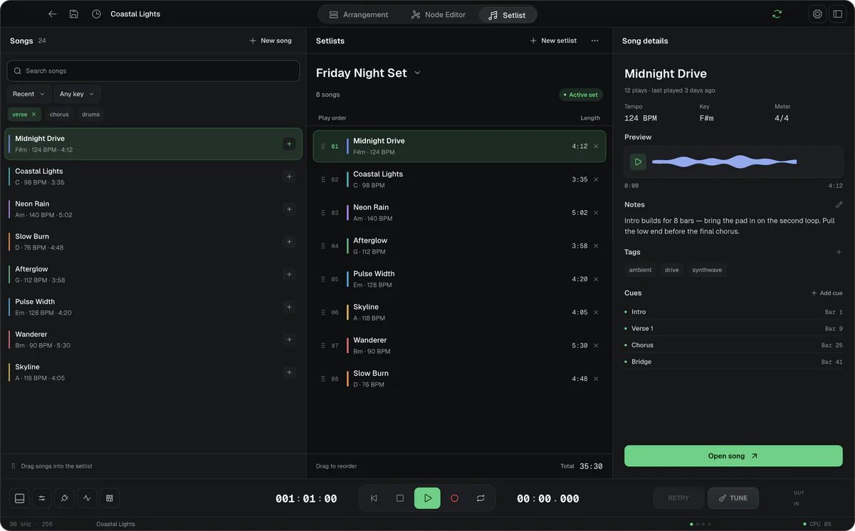 The Setlist view: the song library beside the Friday Night Set play order.