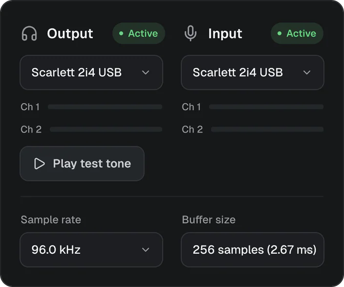 Audio settings: output and input device, sample rate and buffer size.