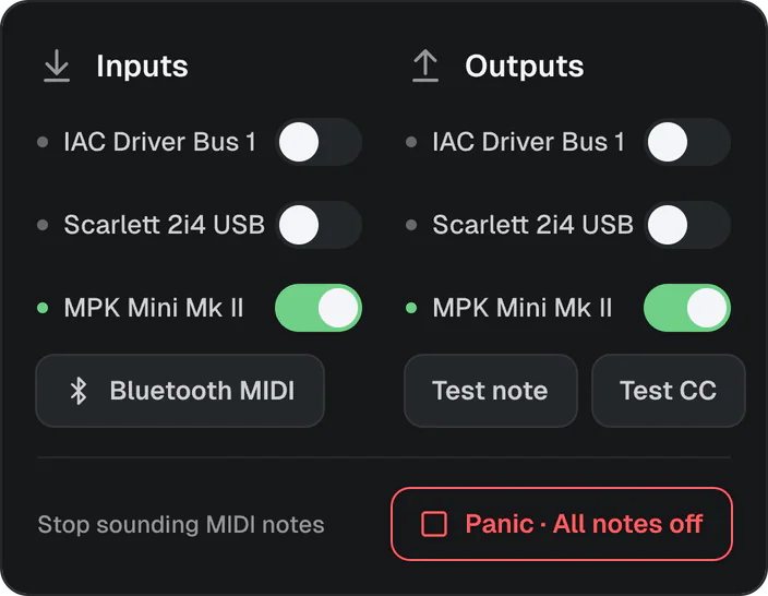 MIDI settings: inputs and outputs, Bluetooth MIDI and Panic.