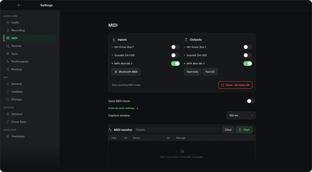 Settings, MIDI page: MIDI inputs and outputs with on/off switches, Bluetooth MIDI, Panic, and the MIDI monitor.