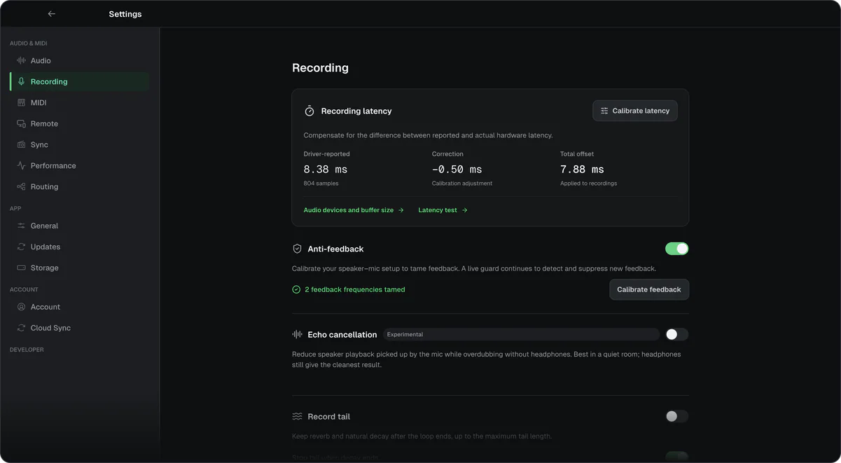 Settings, Recording page: the measured recording latency and anti-feedback switched on.