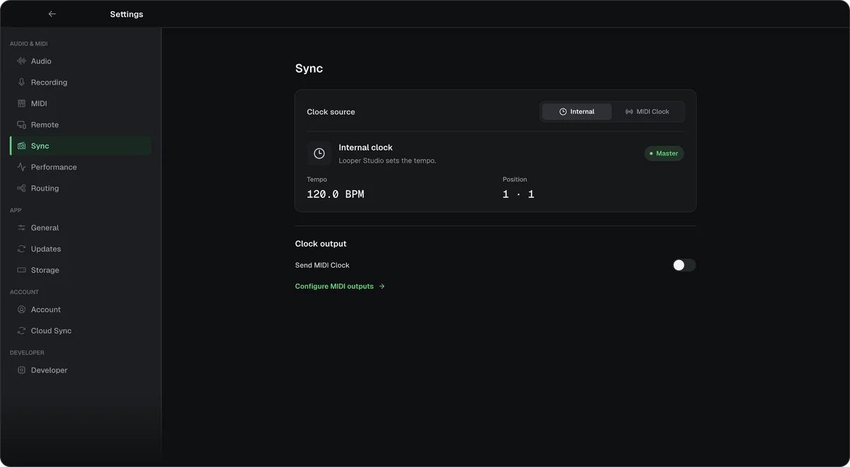 Settings, Sync page: the clock source set to Internal at 120 BPM, and Send MIDI Clock.