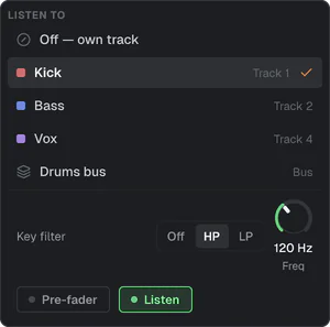 The sidechain picker open, listing tracks and buses to key from.